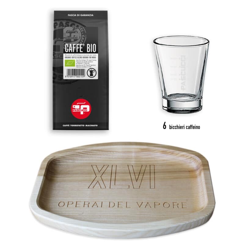 Combo Vassoio in legno XLVI + Bicchieri “Caffeino” + Caffè Bio macinato moka 250 g